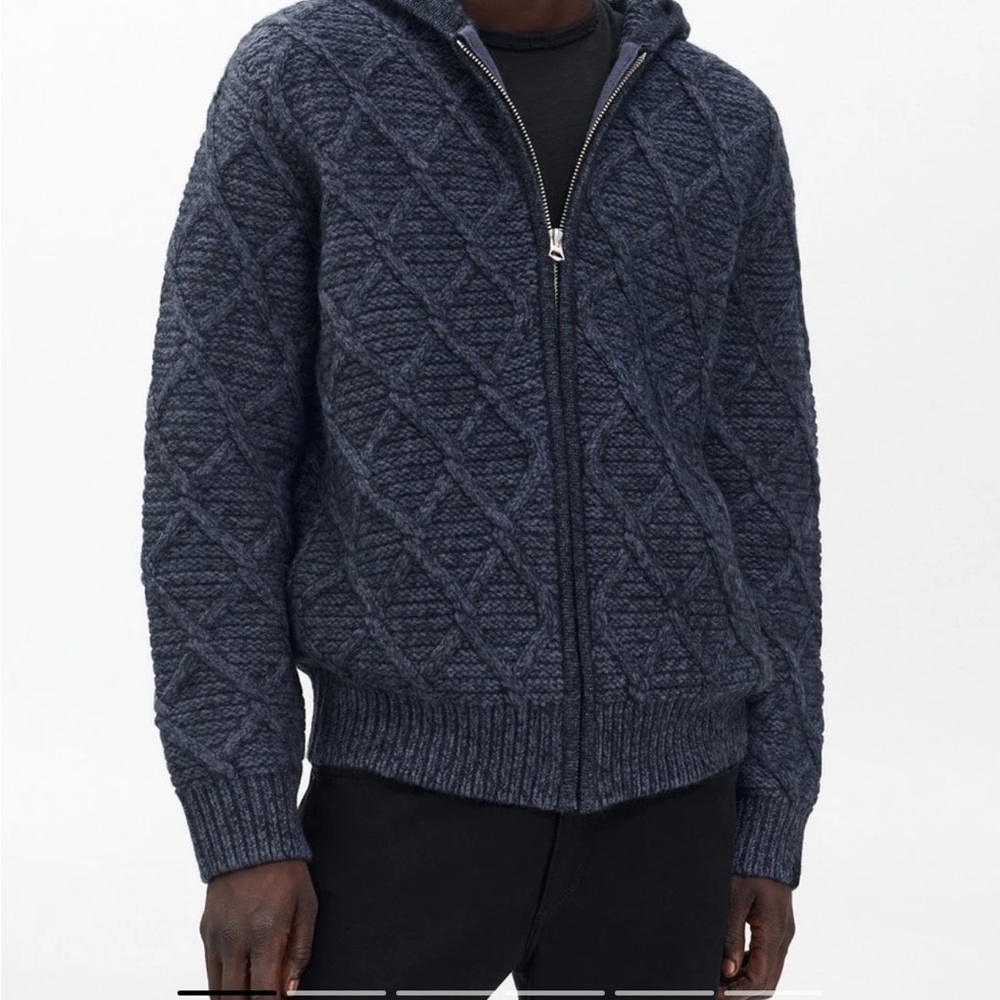 rag & bone Cable-Knit Full-Zip Hoodie Sweater Cardigan Small S Wool Mix Blue